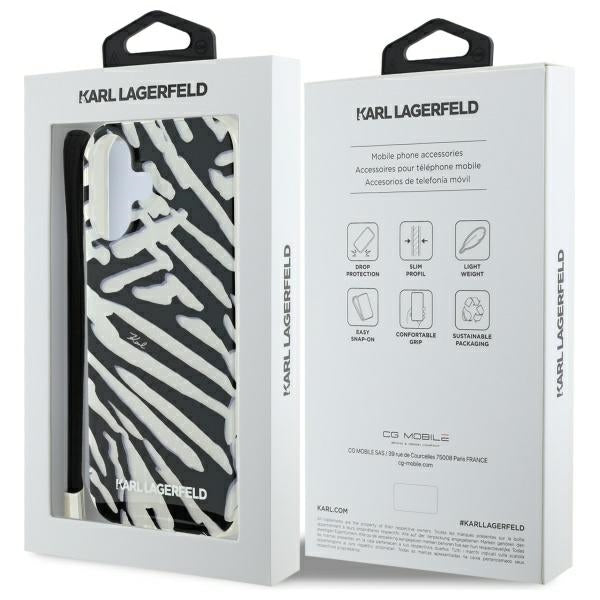 Tok Apple iPhone 16-hoz, Karl Lagerfeld, IML Luxury Zebra mintás pántos, Fekete