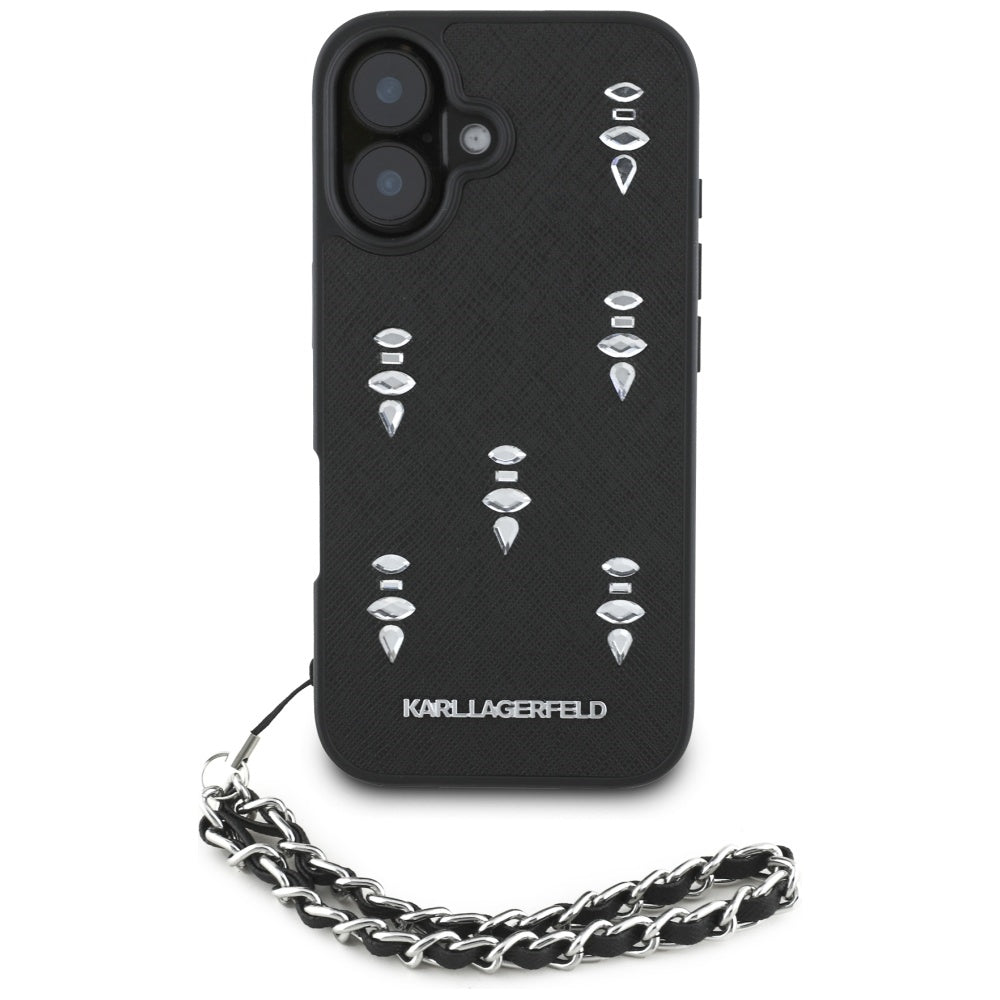 Tok Apple iPhone 16-hoz, Karl Lagerfeld, Saffiano Crystals & Charm, Fekete