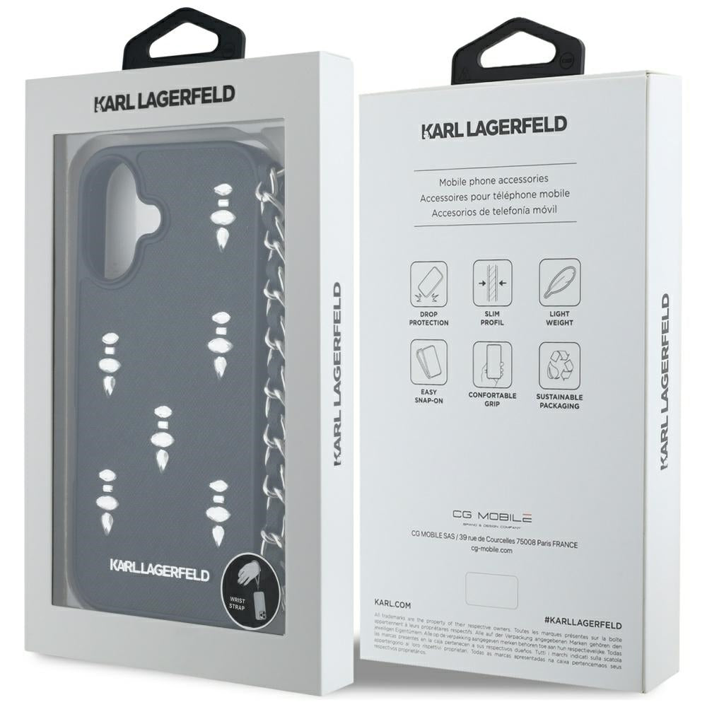 Tok Apple iPhone 16-hoz, Karl Lagerfeld, Saffiano Crystals & Charm, Fekete