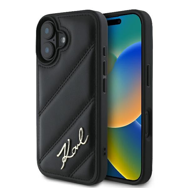Tok a Apple iPhone 16 Plus-hoz, Karl Lagerfeld, Diagonal Quilted Script, Fekete