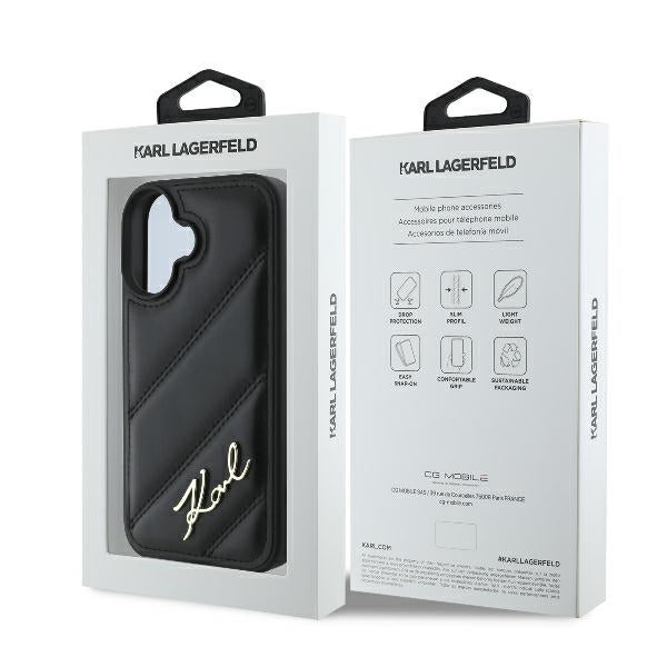 Tok a Apple iPhone 16 Plus-hoz, Karl Lagerfeld, Diagonal Quilted Script, Fekete