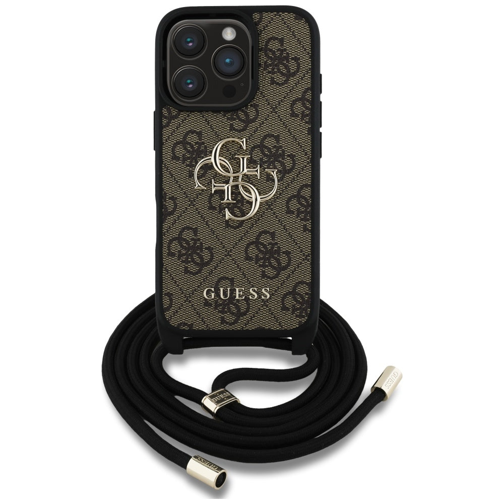 Case for Apple iPhone 16 Pro, Guess, 4G CBDY Big Logo with Cord Strap, Brown