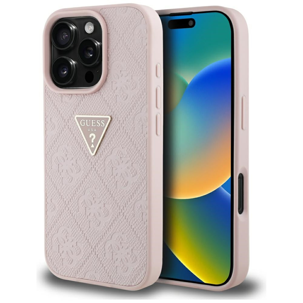Tok a Apple iPhone 16 Pro-hoz, Guess, Hot Stamp 4G Pattern Triangle Logo, Rózsaszín