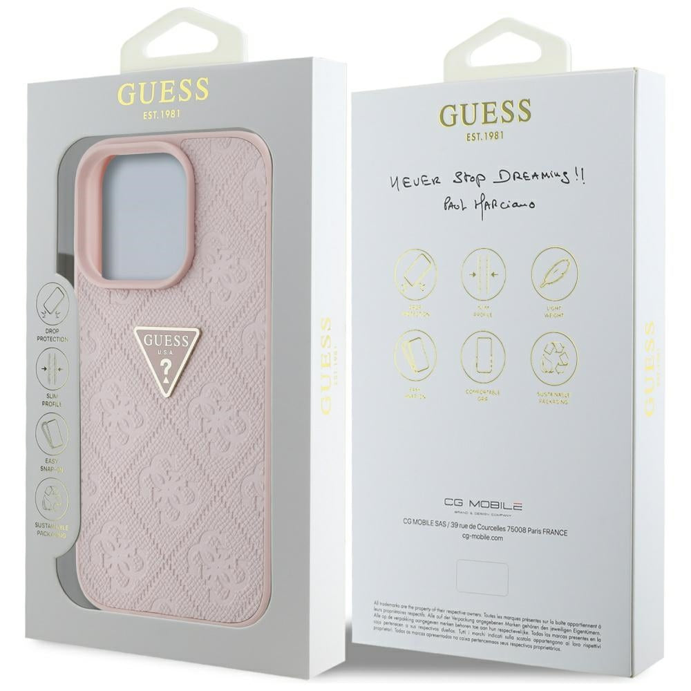 Tok a Apple iPhone 16 Pro-hoz, Guess, Hot Stamp 4G Pattern Triangle Logo, Rózsaszín