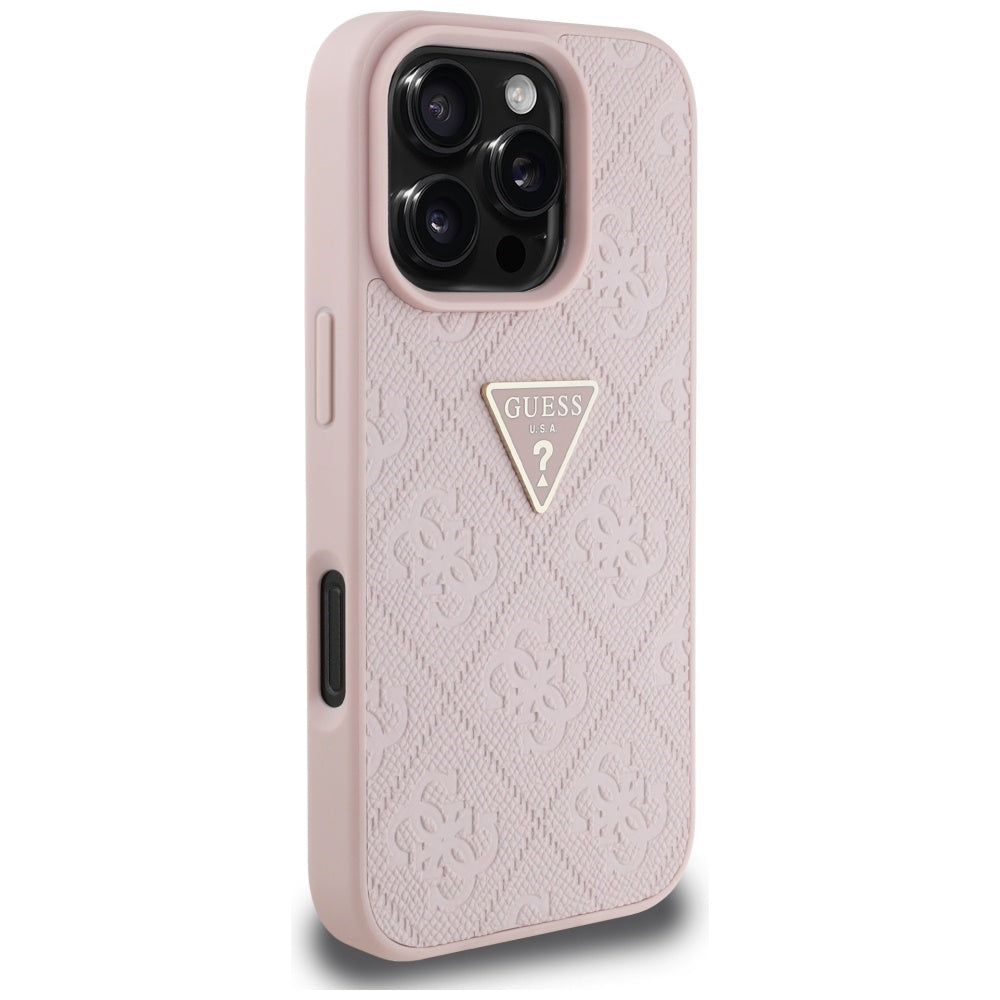 Tok a Apple iPhone 16 Pro-hoz, Guess, Hot Stamp 4G Pattern Triangle Logo, Rózsaszín
