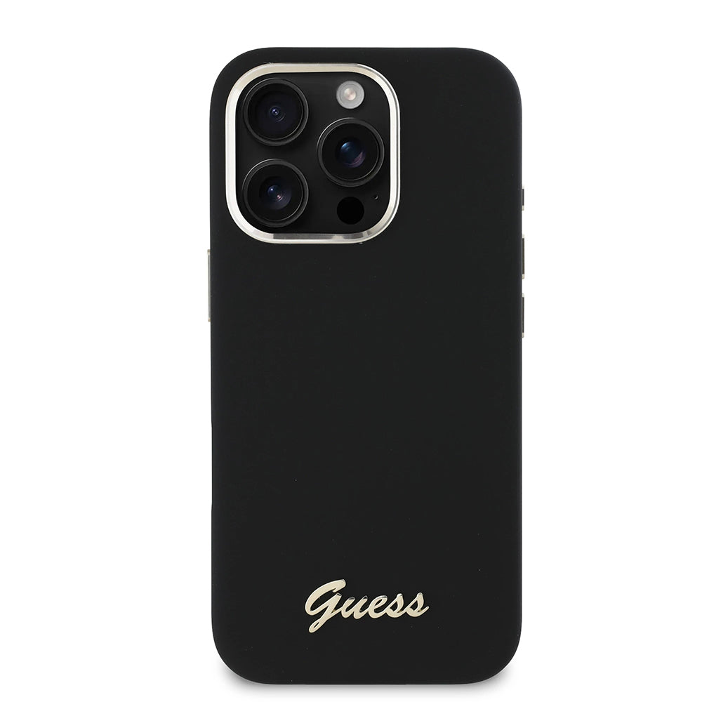 Tok a Apple iPhone 16 Pro-hoz, Guess, Script Metal Logo & Frame, Fekete