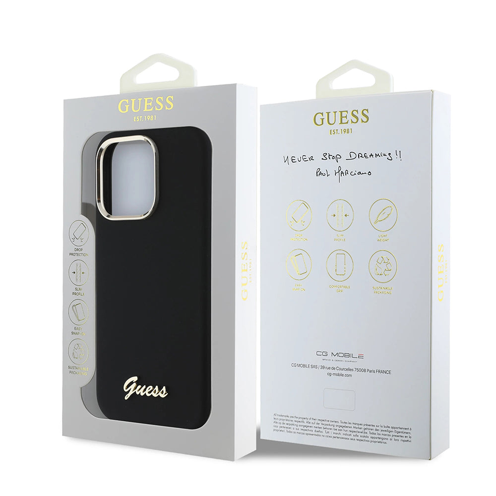 Tok a Apple iPhone 16 Pro-hoz, Guess, Script Metal Logo & Frame, Fekete