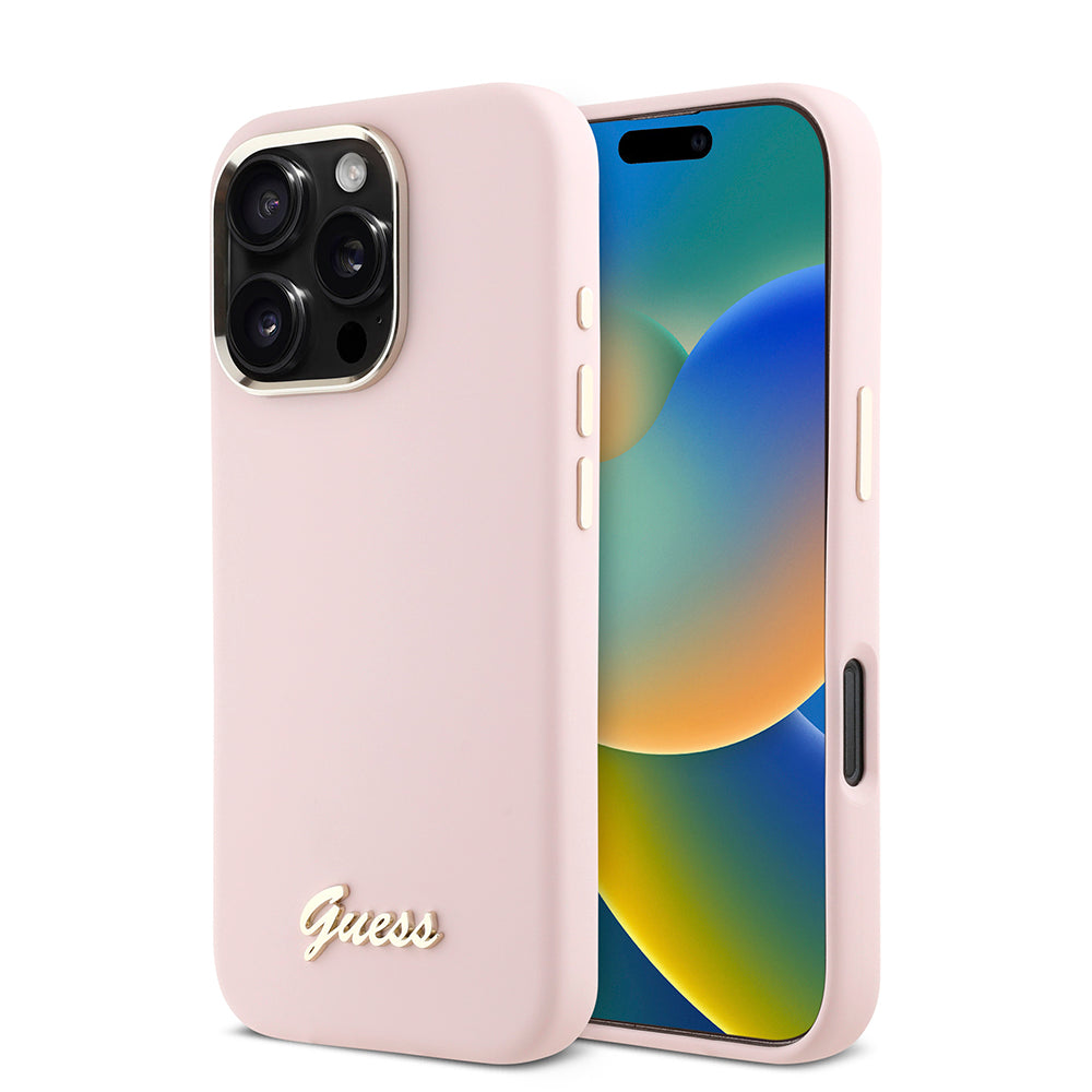 Tok Apple iPhone 16 Pro-hoz, Guess, Script Metal Logo & Frame, Rózsaszín