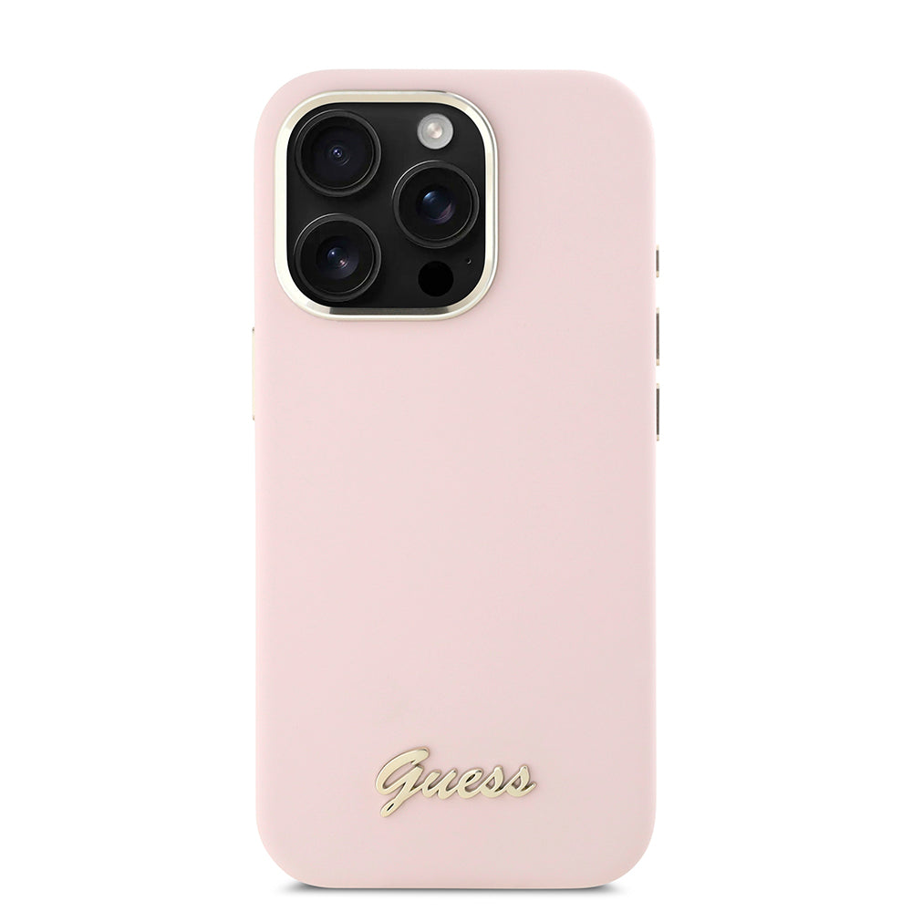Tok Apple iPhone 16 Pro-hoz, Guess, Script Metal Logo & Frame, Rózsaszín