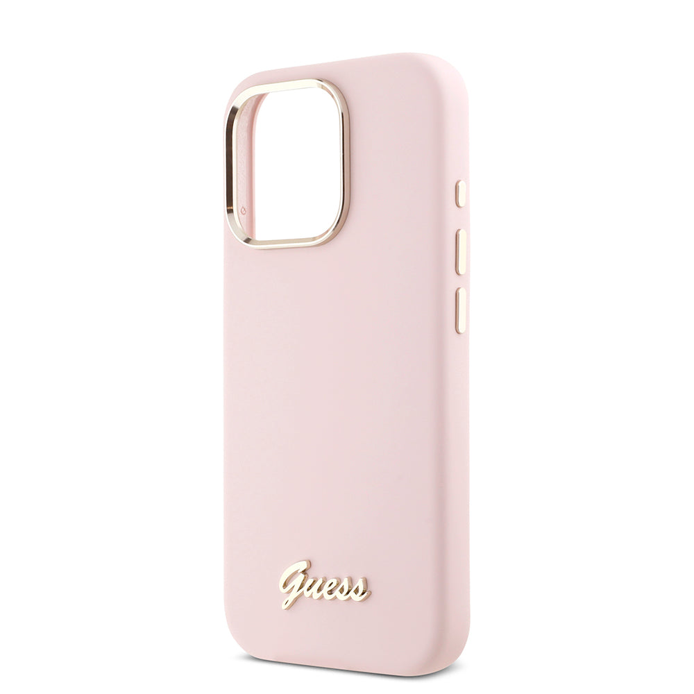Tok Apple iPhone 16 Pro-hoz, Guess, Script Metal Logo & Frame, Rózsaszín