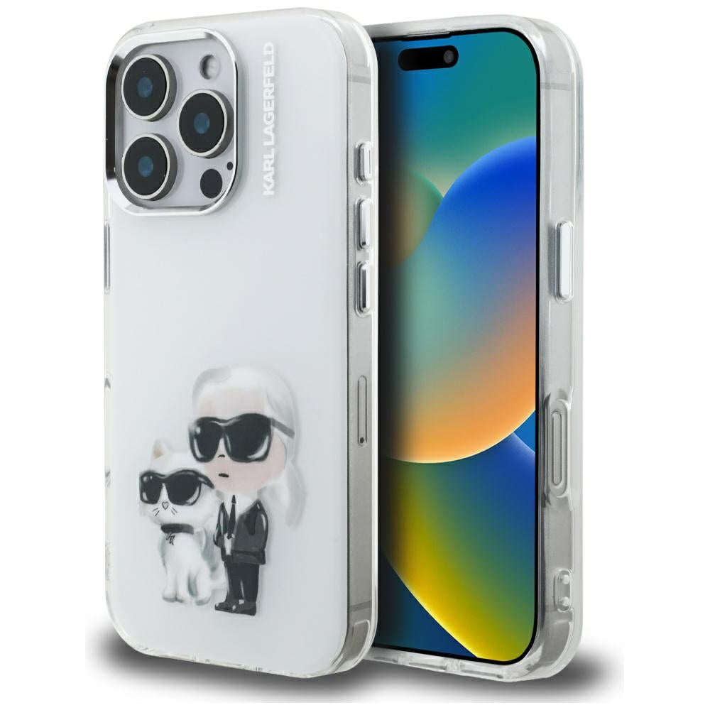 Tok Apple iPhone 16 Pro-hoz, Karl Lagerfeld, IML Aquarelle Logo Karl & Choupette, Fehér