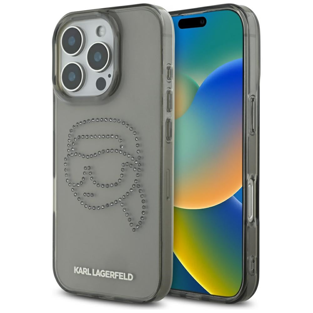 Tok Apple iPhone 16 Pro-hoz, Karl Lagerfeld, IML Rhinestones Karl's Head, Fekete