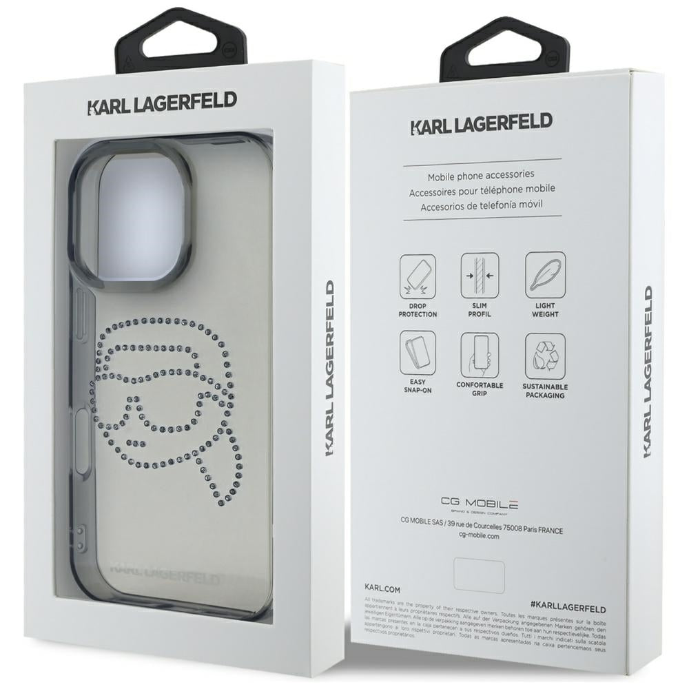 Tok Apple iPhone 16 Pro-hoz, Karl Lagerfeld, IML Rhinestones Karl's Head, Fekete