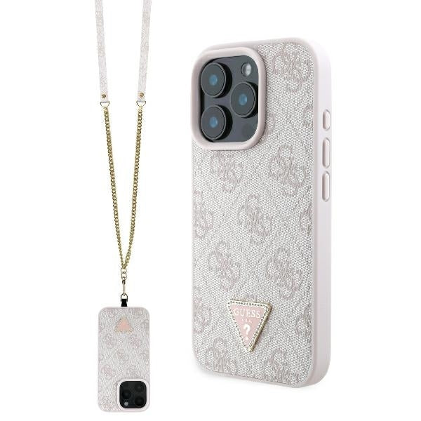 Tok a Apple iPhone 16 Pro Max-hoz, Guess, Crossbody 4G Triangle Strass, Rózsaszín.