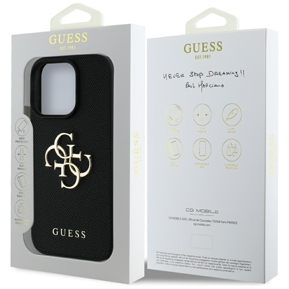 Case for Apple iPhone 16 Pro Max, Guess, Grained Big 4G Logo Small Classic Logo, Black