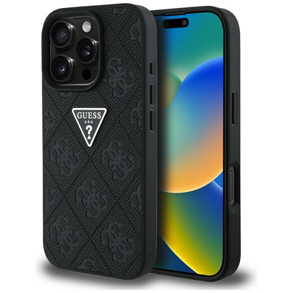 Tok a Apple iPhone 16 Pro Max-hoz, Guess, Hot Stamp 4G Pattern Triangle Logo, Fekete