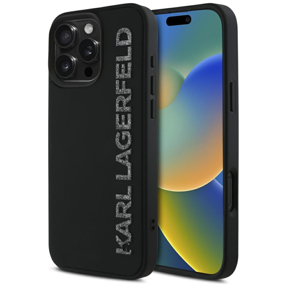 Tok a Apple iPhone 16 Pro Max-hoz, Karl Lagerfeld, 3D Rubber Elongated Gliiter Logo, Fekete