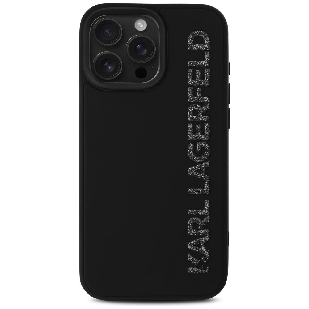 Tok a Apple iPhone 16 Pro Max-hoz, Karl Lagerfeld, 3D Rubber Elongated Gliiter Logo, Fekete