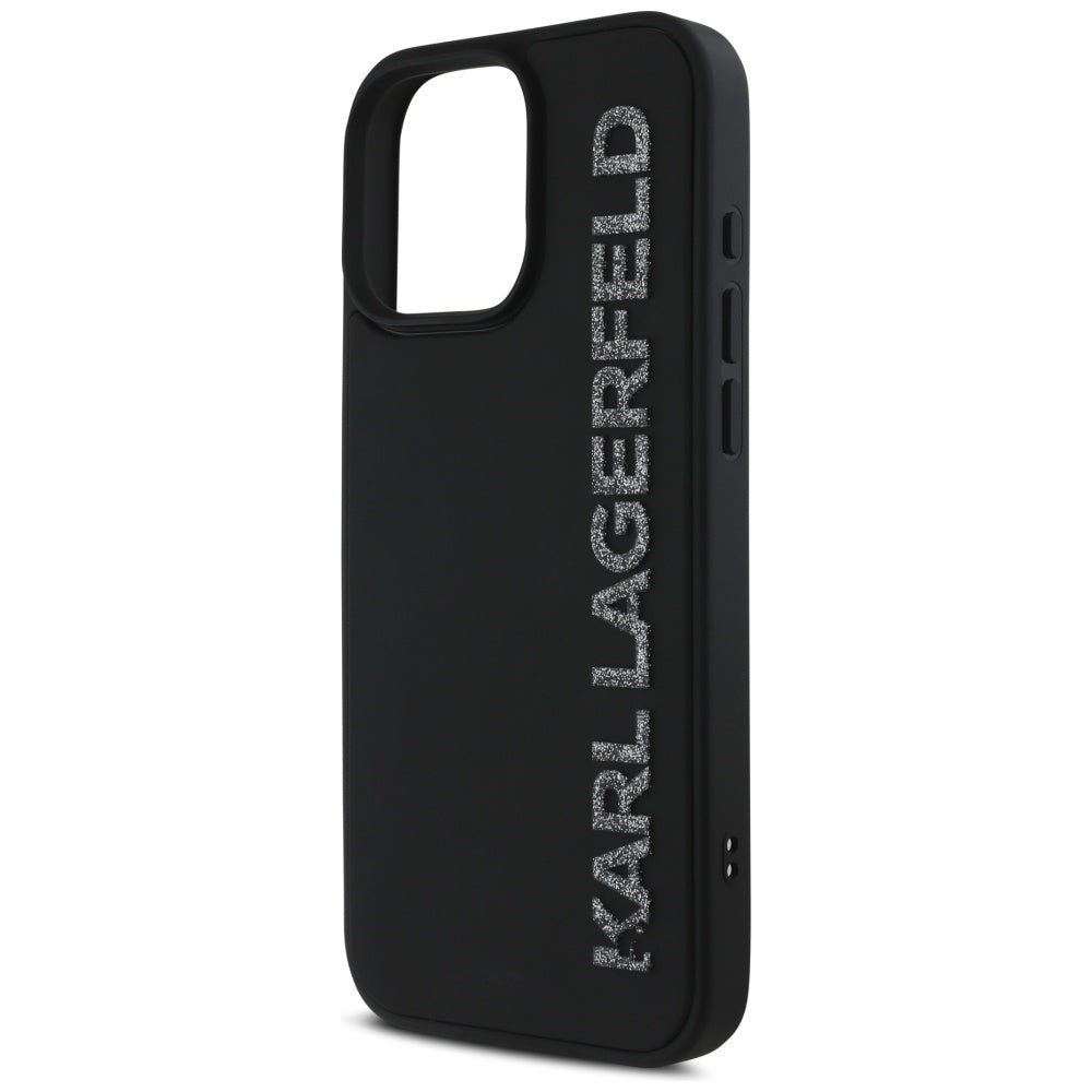 Tok a Apple iPhone 16 Pro Max-hoz, Karl Lagerfeld, 3D Rubber Elongated Gliiter Logo, Fekete