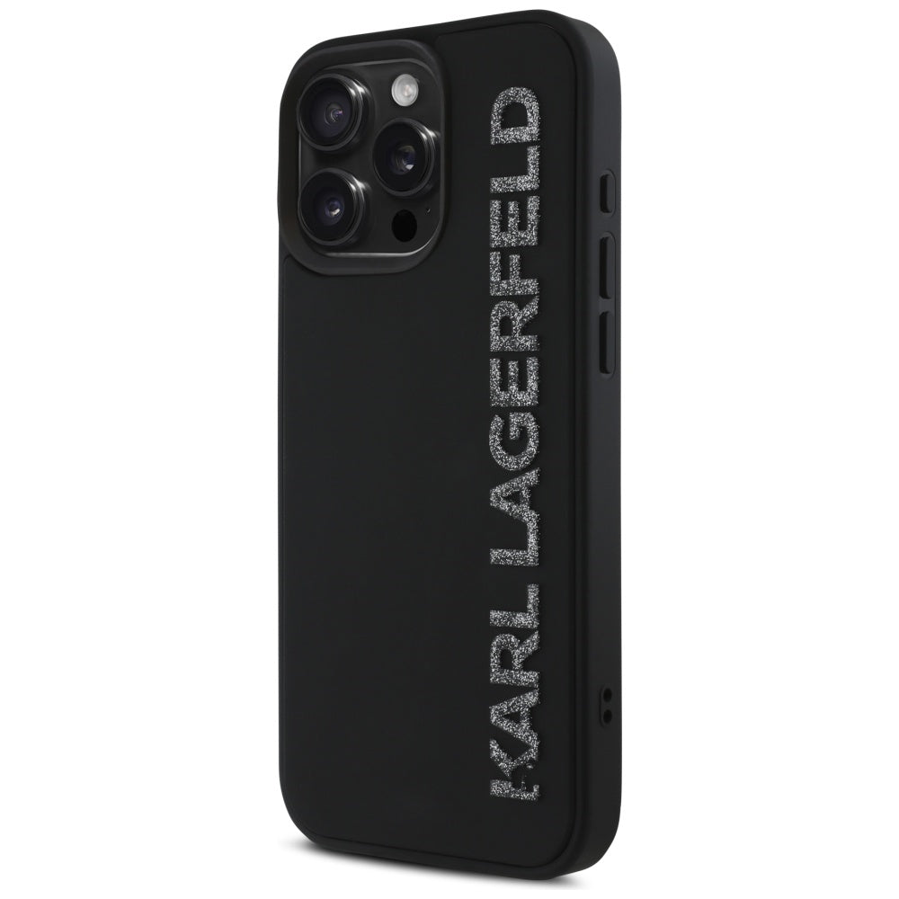 Tok a Apple iPhone 16 Pro Max-hoz, Karl Lagerfeld, 3D Rubber Elongated Gliiter Logo, Fekete
