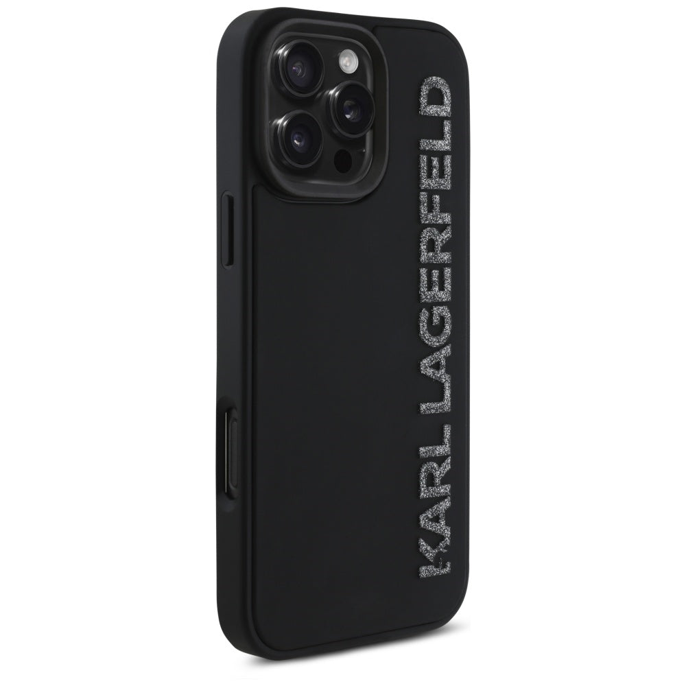 Tok a Apple iPhone 16 Pro Max-hoz, Karl Lagerfeld, 3D Rubber Elongated Gliiter Logo, Fekete