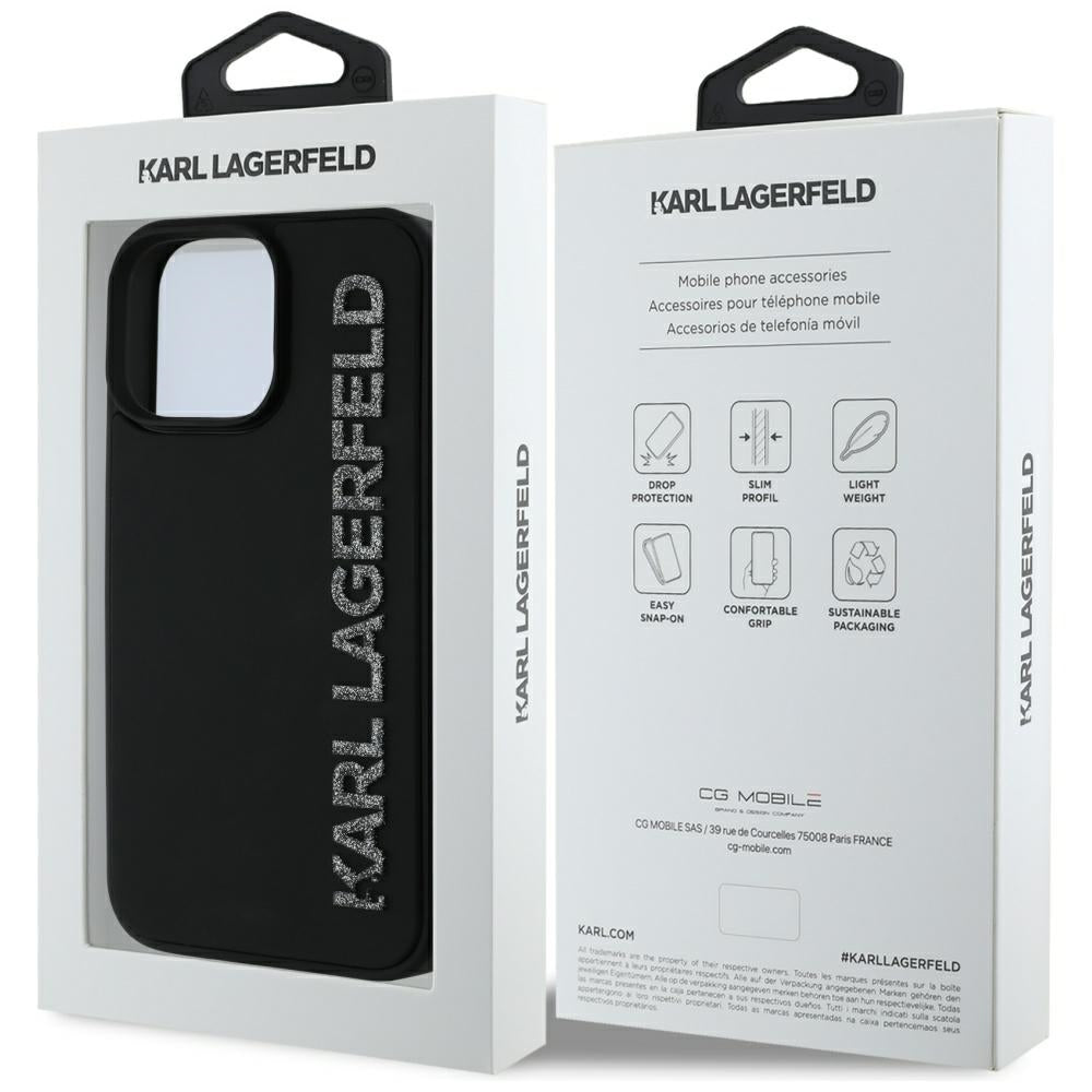 Tok a Apple iPhone 16 Pro Max-hoz, Karl Lagerfeld, 3D Rubber Elongated Gliiter Logo, Fekete