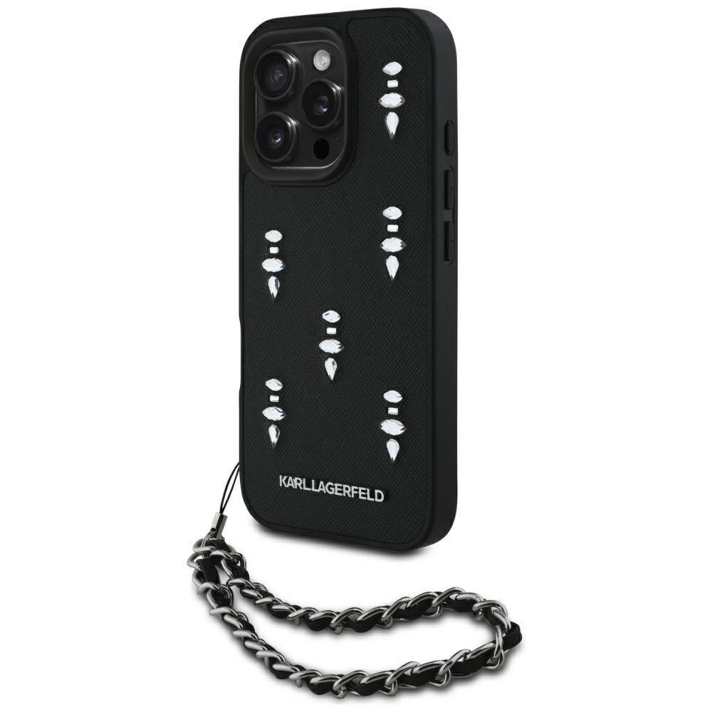 Tok Apple iPhone 16 Pro Max-hoz, Karl Lagerfeld, Saffiano Crystals & Charm, Fekete