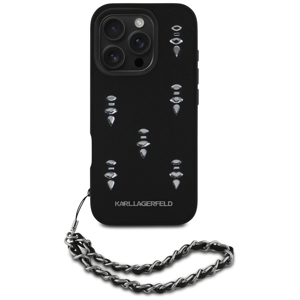 Tok Apple iPhone 16 Pro Max-hoz, Karl Lagerfeld, Saffiano Crystals & Charm, Fekete