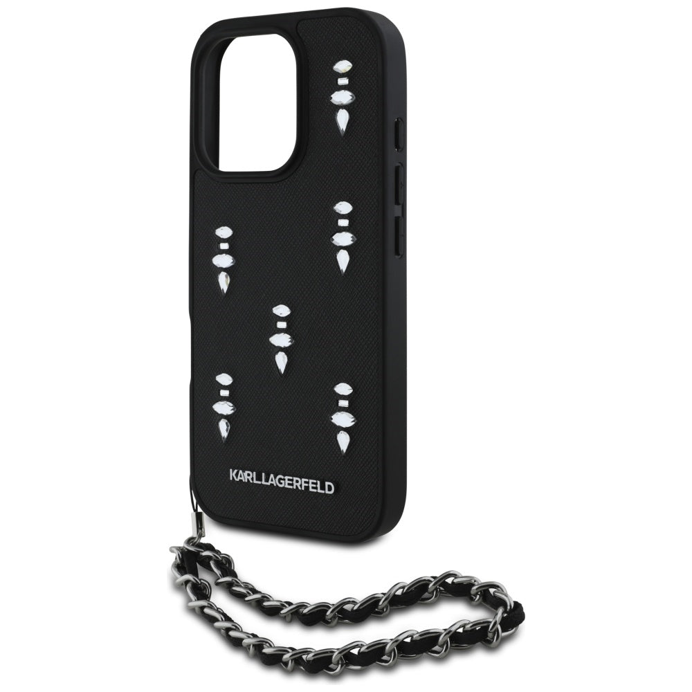 Tok Apple iPhone 16 Pro Max-hoz, Karl Lagerfeld, Saffiano Crystals & Charm, Fekete