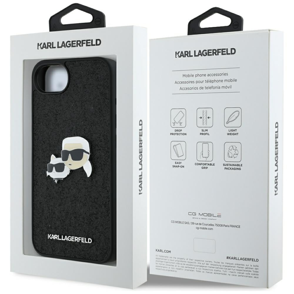 Tok Apple iPhone 17e / 16e készülékhez, Karl Lagerfeld, Glitter Fixed Karl & Choupette's Heads, Fekete