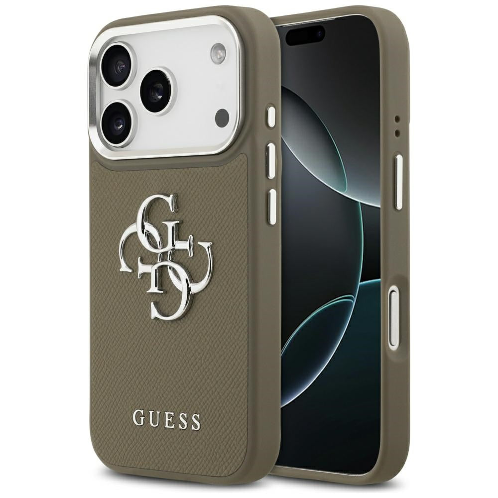 Tok Apple iPhone 17 Pro-hoz, Guess, 4G Grained Big And Classic Logo, Barna Ezüst