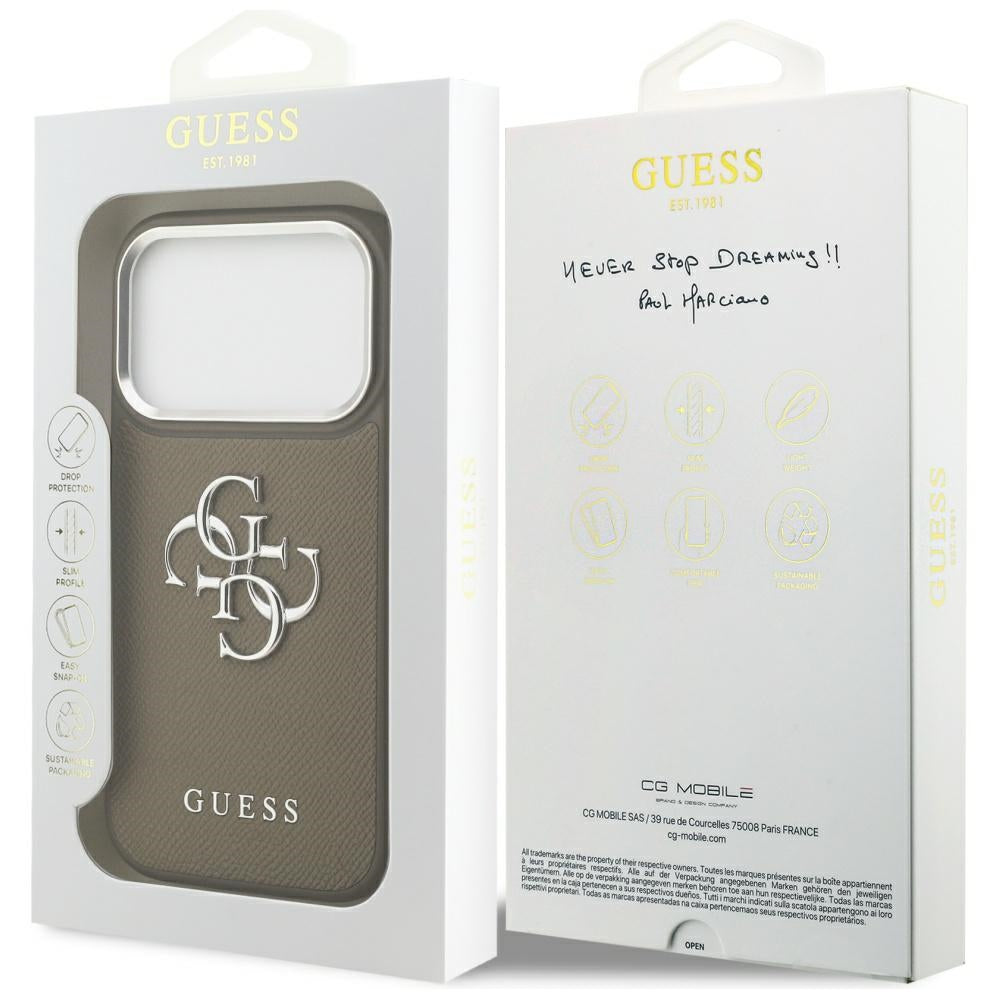 Tok Apple iPhone 17 Pro-hoz, Guess, 4G Grained Big And Classic Logo, Barna Ezüst