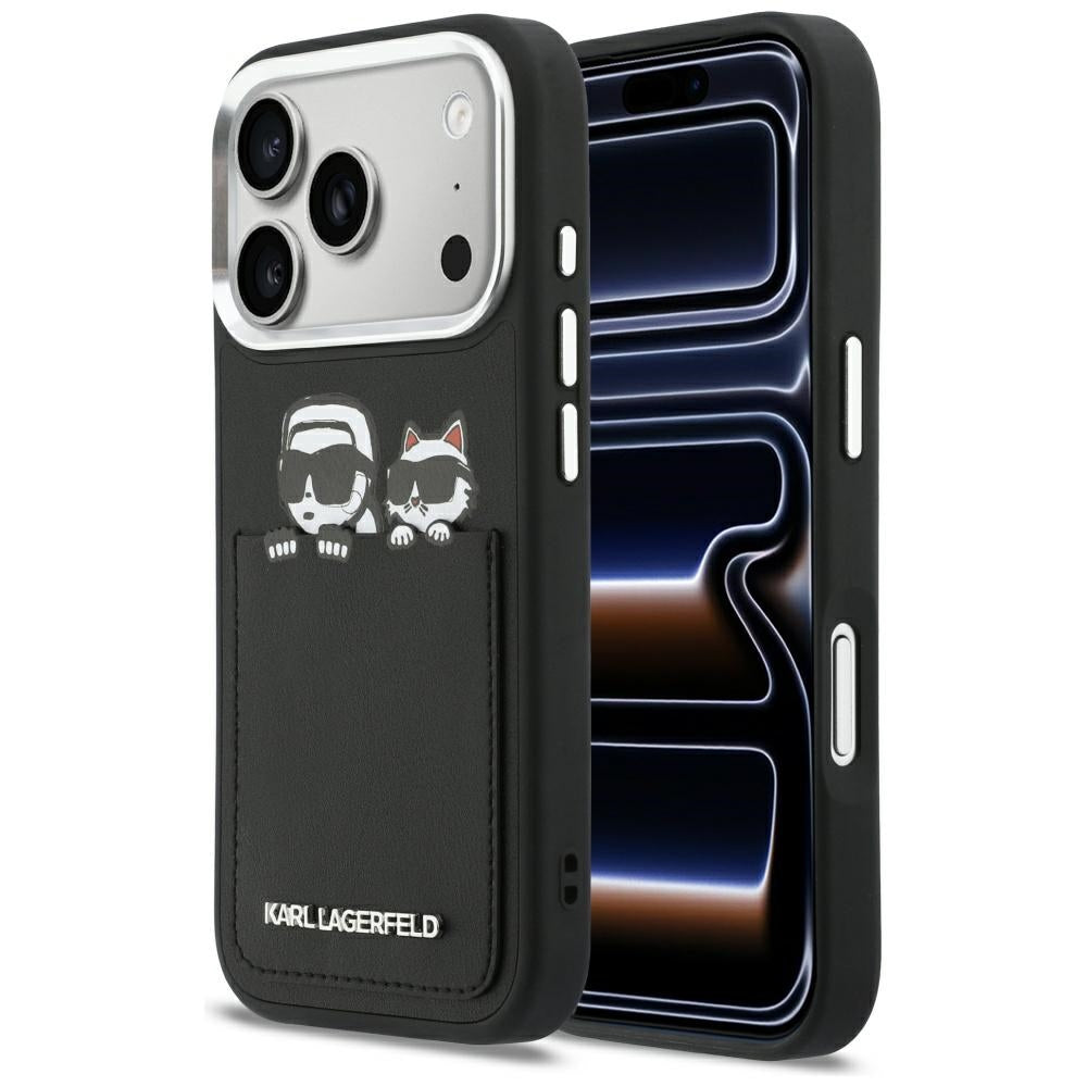 Tok Apple iPhone 17 Pro-hoz, Karl Lagerfeld, Karl & Choupette mintás zsebbel, Fekete