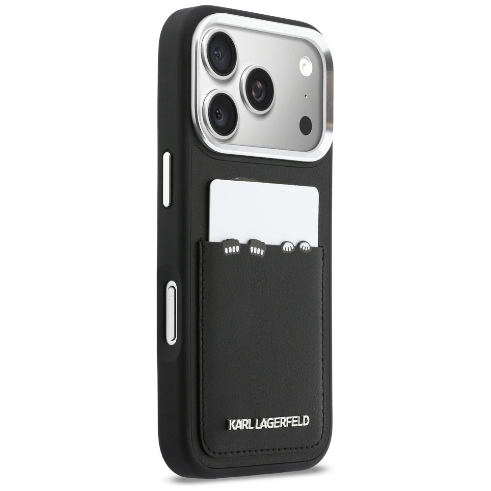 Tok Apple iPhone 17 Pro-hoz, Karl Lagerfeld, Karl & Choupette mintás zsebbel, Fekete