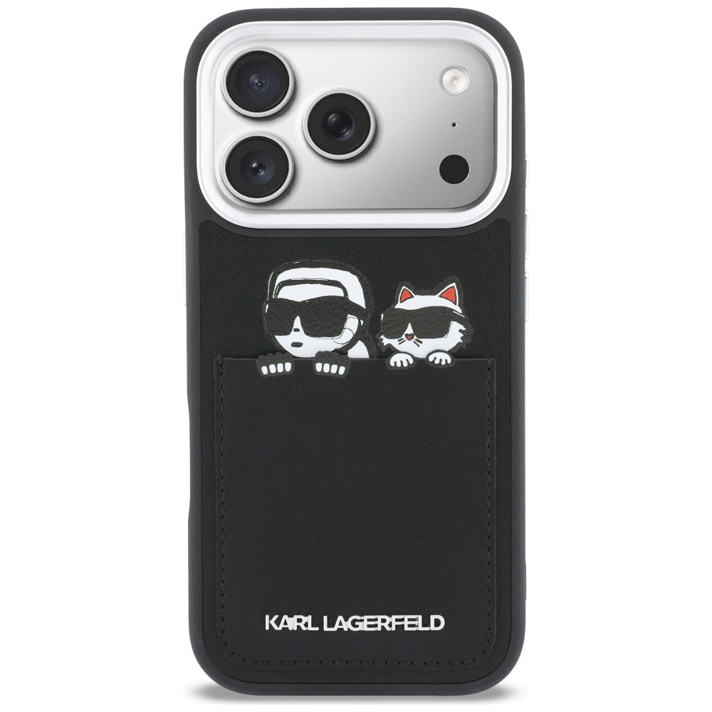 Tok Apple iPhone 17 Pro-hoz, Karl Lagerfeld, Karl & Choupette mintás zsebbel, Fekete