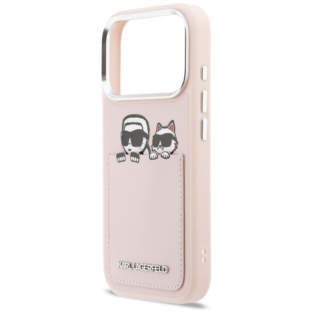Tok Apple iPhone 17 Pro-hoz, Karl Lagerfeld, Karl & Choupette mintás zsebes, Rózsaszín