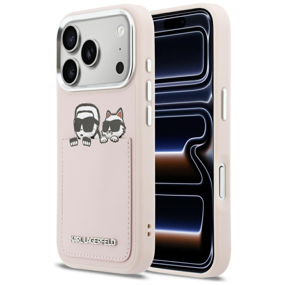 Tok Apple iPhone 17 Pro-hoz, Karl Lagerfeld, Karl & Choupette mintás zsebes, Rózsaszín