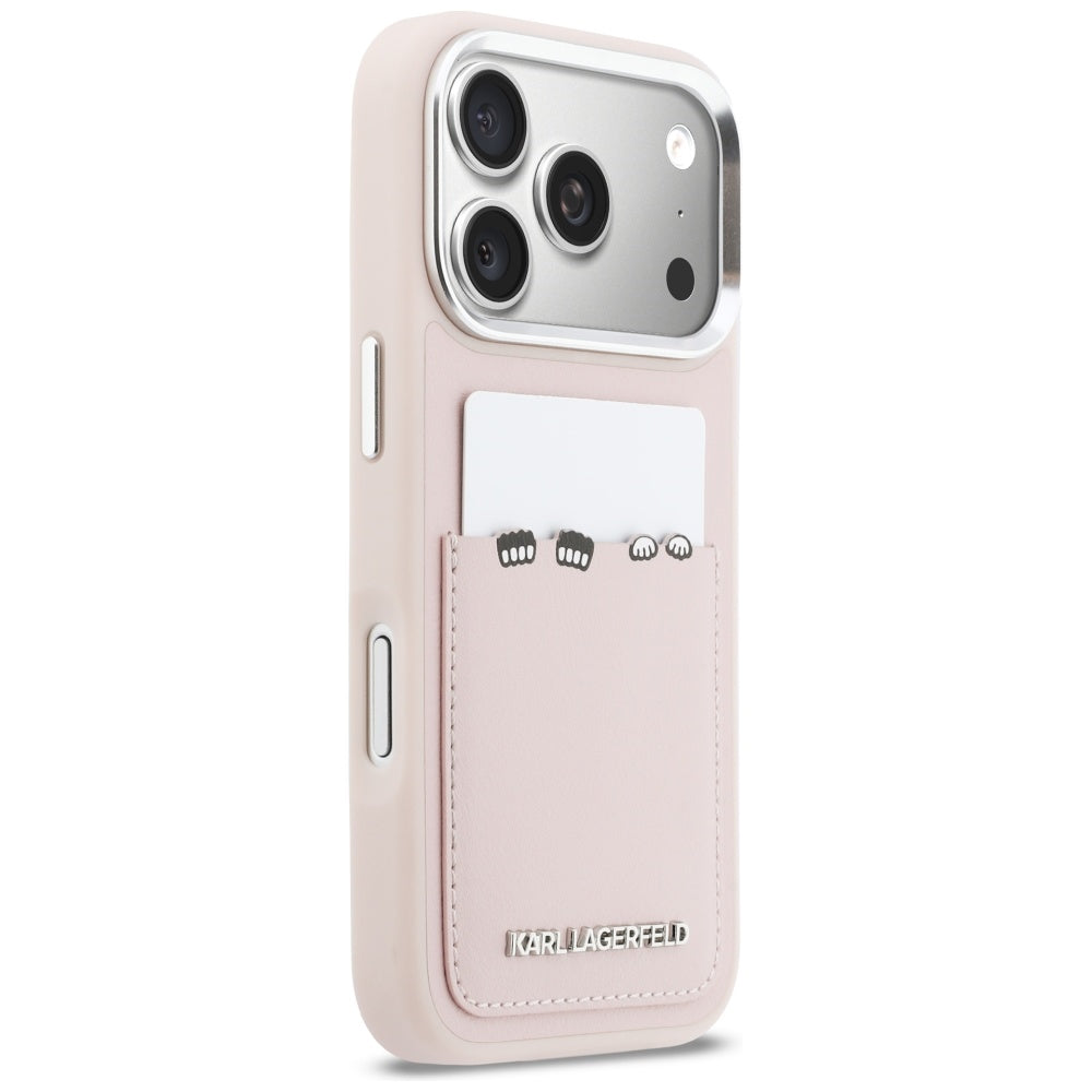 Tok Apple iPhone 17 Pro-hoz, Karl Lagerfeld, Karl & Choupette mintás zsebes, Rózsaszín
