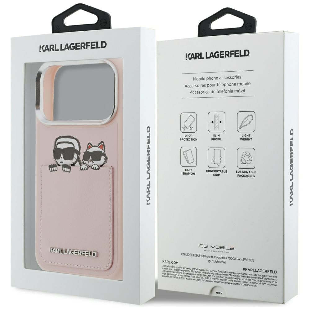 Tok Apple iPhone 17 Pro-hoz, Karl Lagerfeld, Karl & Choupette mintás zsebes, Rózsaszín