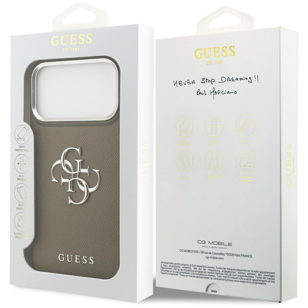 Tok Apple iPhone 17 Pro Max-hoz, Guess, 4G Grained Big And Classic Logo, Barna Ezüst