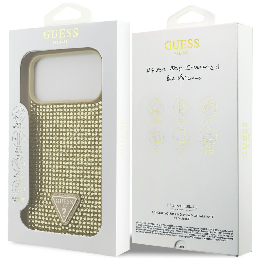 Tok Apple iPhone 17 Pro Max-hoz, Guess, Rhinestone Triangle Logo, Arany