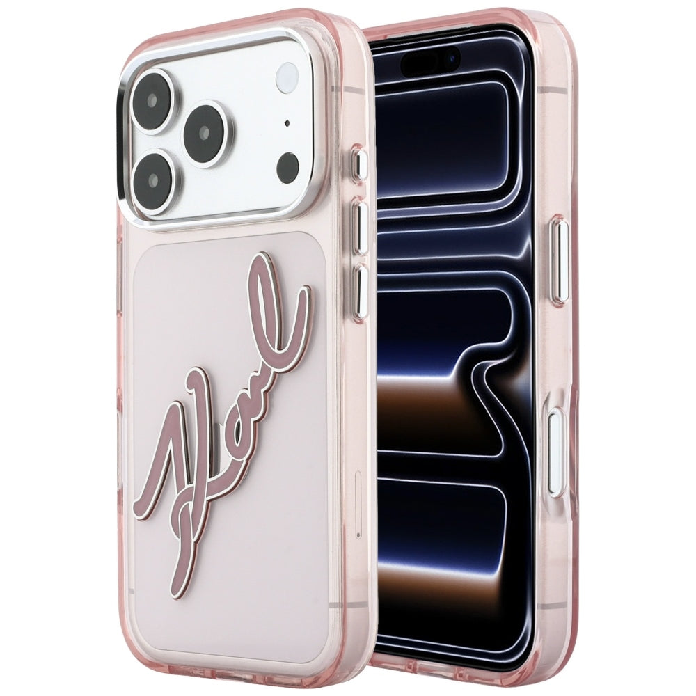 Tok Apple iPhone 18 Pro / 17 Pro-hoz, Karl Lagerfeld, IML Nagy Aláírás Gyanta Logó és Fém Keret, Rózsaszín