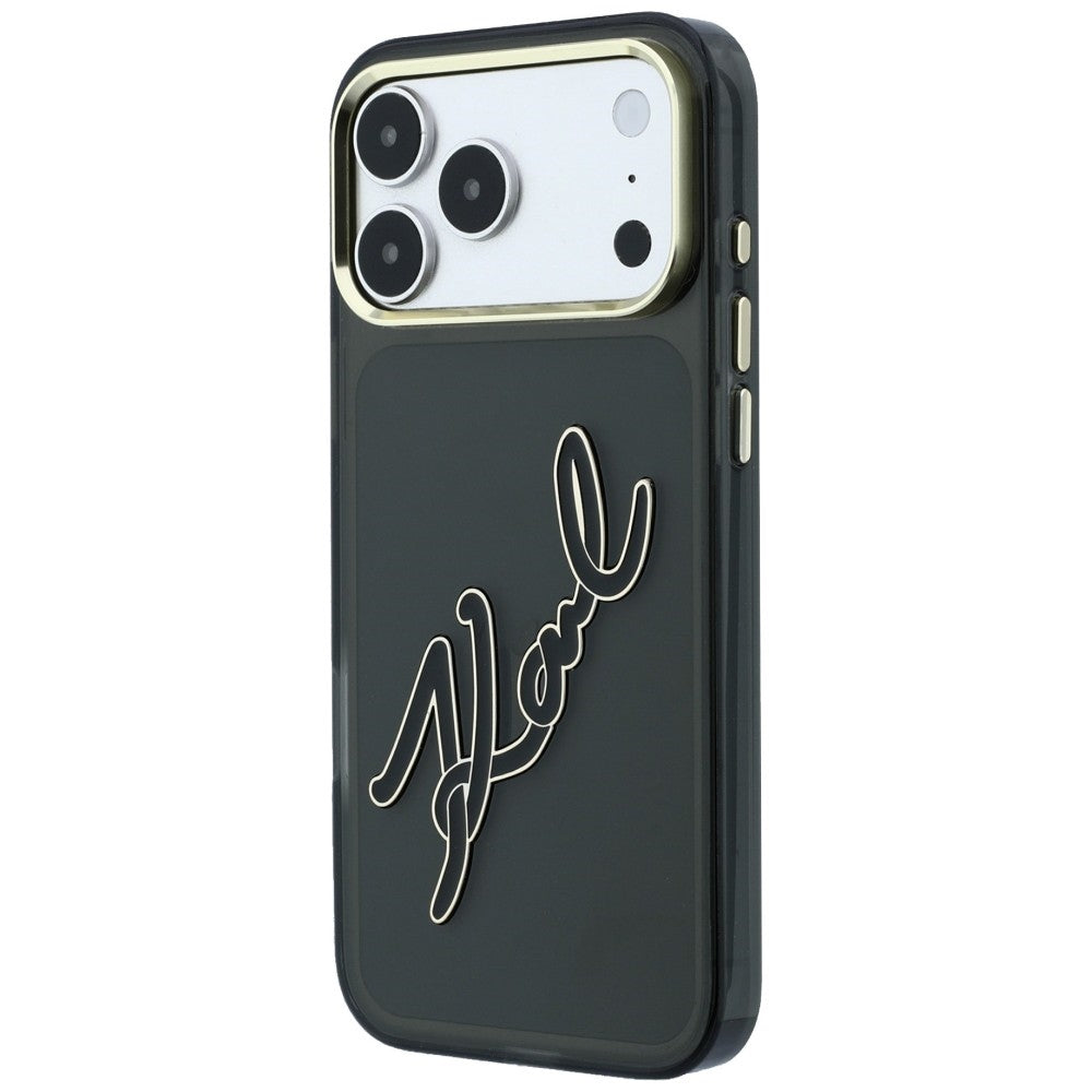 Tok Apple iPhone 18 Pro / 17 Pro-hoz, Karl Lagerfeld, IML nagy aláírásos gyanta logó és fém keret, fekete