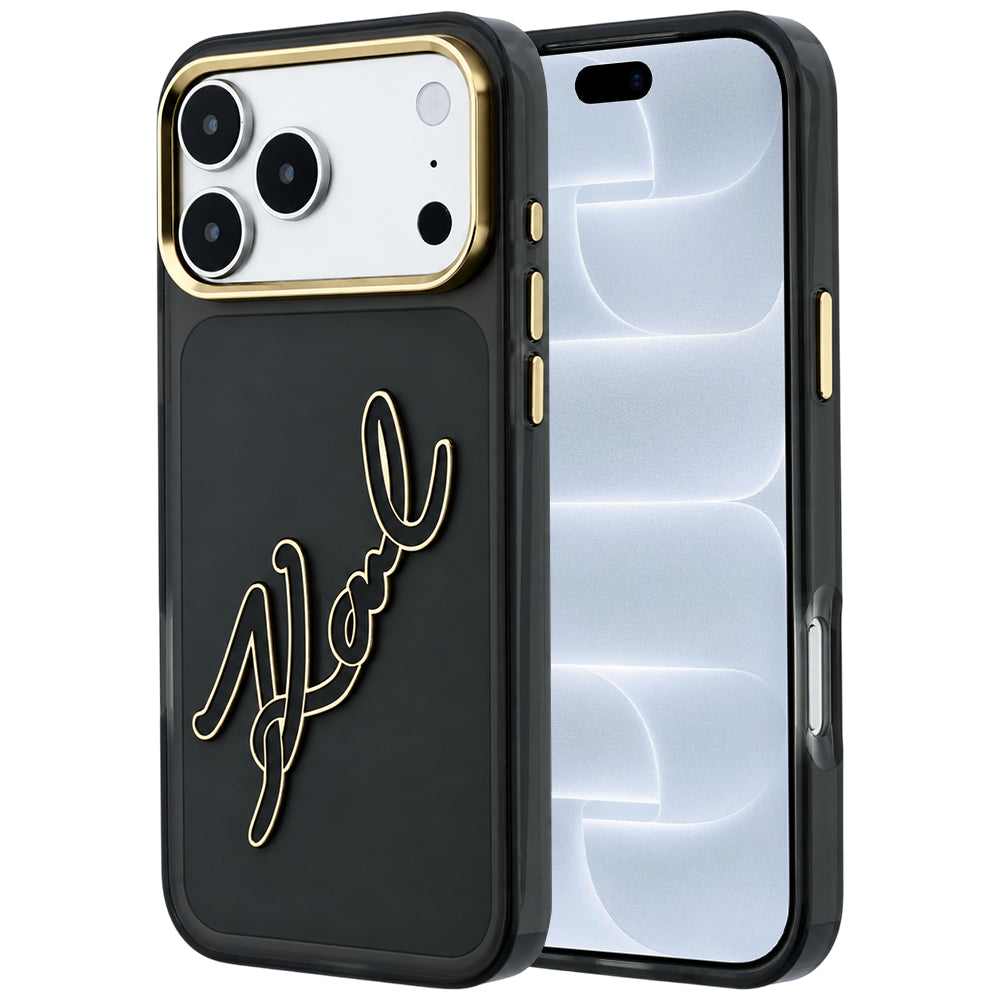 Tok Apple iPhone 18 Pro / 17 Pro-hoz, Karl Lagerfeld, IML nagy aláírásos gyanta logó és fém keret, fekete