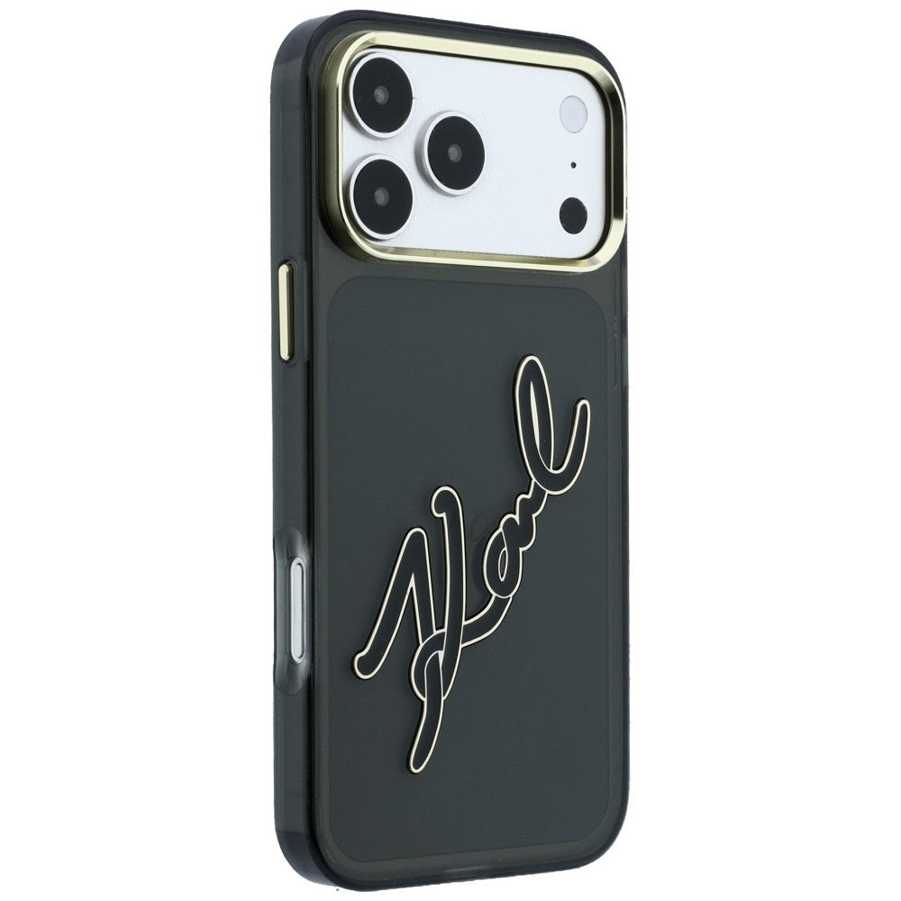 Tok Apple iPhone 18 Pro / 17 Pro-hoz, Karl Lagerfeld, IML nagy aláírásos gyanta logó és fém keret, fekete