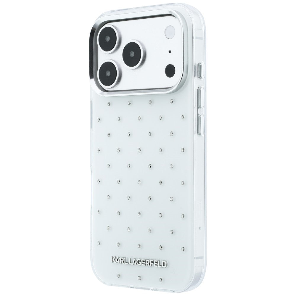 Tok Apple iPhone 18 Pro / 17 Pro-hoz, Karl Lagerfeld, IML strasszokkal és elektrolitikus logóval, fehér