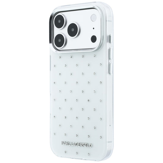 Tok Apple iPhone 18 Pro / 17 Pro-hoz, Karl Lagerfeld, IML strasszokkal és elektrolitikus logóval, fehér