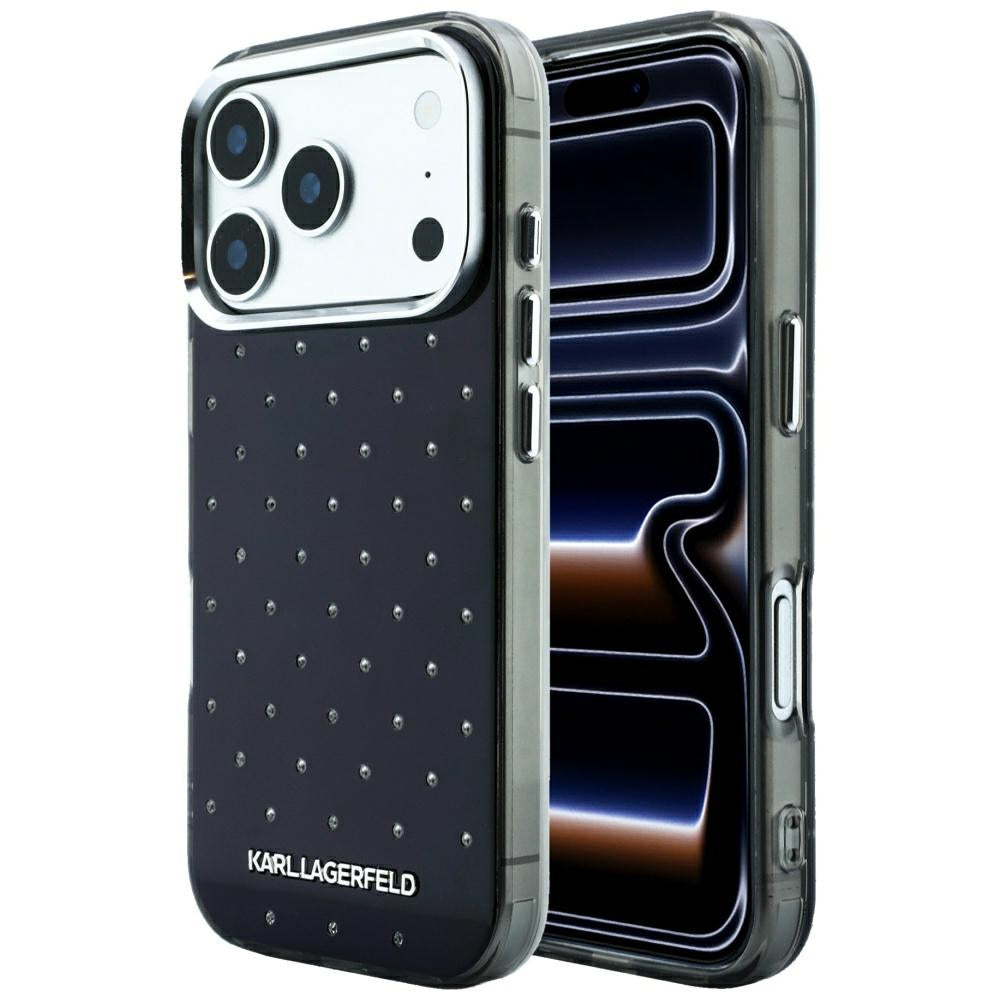 Tok Apple iPhone 18 Pro / 17 Pro-hoz, Karl Lagerfeld, IML strasszokkal és elektrolitikus logóval, fekete