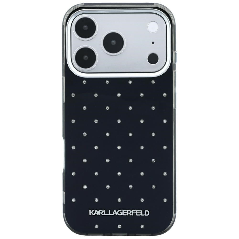 Tok Apple iPhone 18 Pro / 17 Pro-hoz, Karl Lagerfeld, IML strasszokkal és elektrolitikus logóval, fekete
