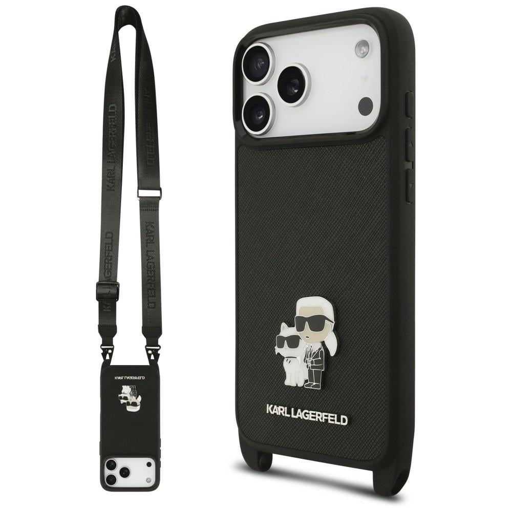 Tok Apple iPhone 18 Pro / 17 Pro készülékhez, Karl Lagerfeld, Saffiano Crossbody Metal Pin Karl & Choupette, fekete
